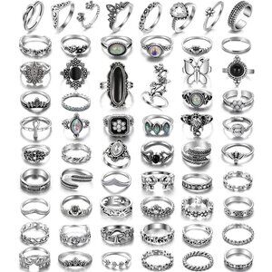 Vintage Silver Knuckle Ring Set for Women and Men - 60 pcs Antique Gothic, Boho,